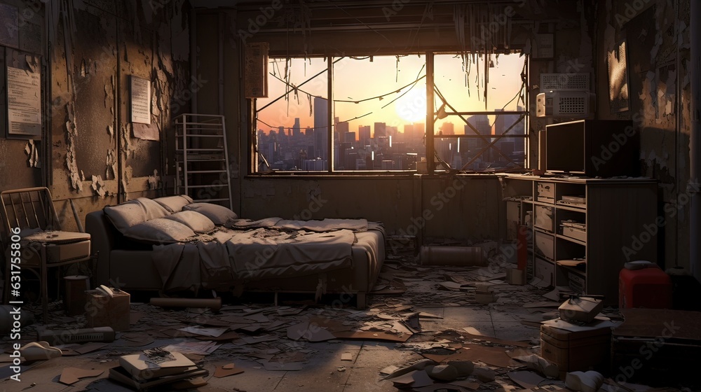 Interior of an old abandoned house. AI generated art illustration. Interior of an old abandoned house. AI generated art illustration.