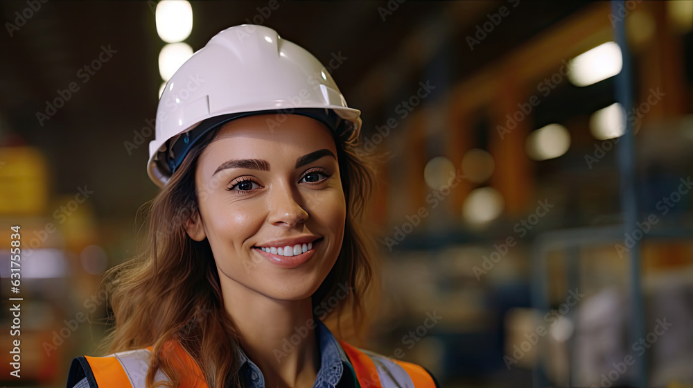 A Beautiful Smiling on Camera Female Engineer in Safety Vest and Hardhat. Professional Woman Working in the Modern Manufacturing Factory.Generative Ai A Beautiful Smiling on Camera Female Engineer in Safety Vest and Hardhat. Professional Woman Working in the Modern Manufacturing Factory.Generative Ai