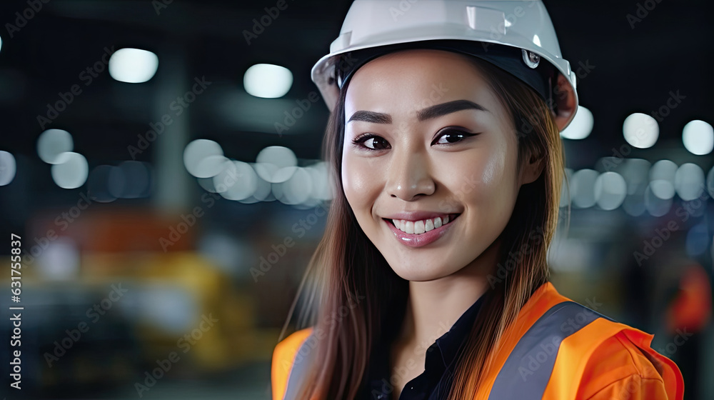 A Beautiful Smiling on Camera Asian Female Engineer in Safety Vest and Hardhat. Professional Asian Woman Working in the Modern Manufacturing Factory. Generative Ai A Beautiful Smiling on Camera Asian Female Engineer in Safety Vest and Hardhat. Professional Asian Woman Working in the Modern Manufacturing Factory. Generative Ai