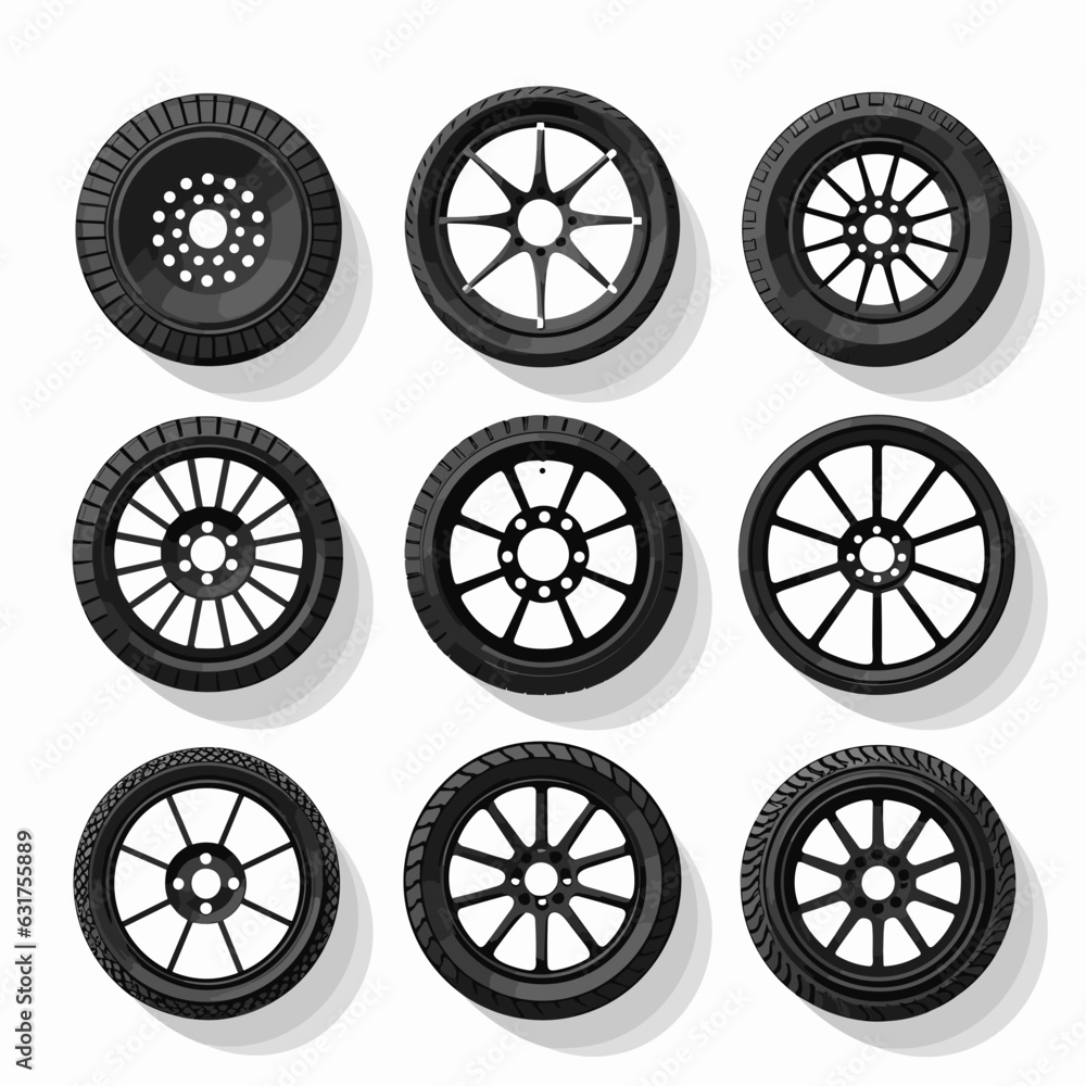 Car wheel icons set. Black wheel tires silhouette collection. Auto wheel disks.
Car wheel icons set. Black wheel tires silhouette collection. Auto wheel disks.
