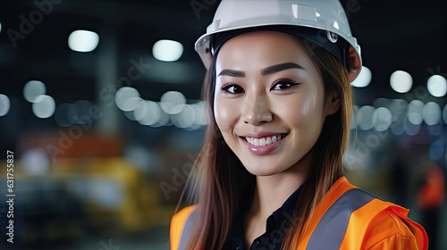 A Beautiful Smiling on Camera Asian Female Engineer in Safety Vest and Hardhat. Professional Asian Woman Working in the Modern Manufacturing Factory. Generative Ai