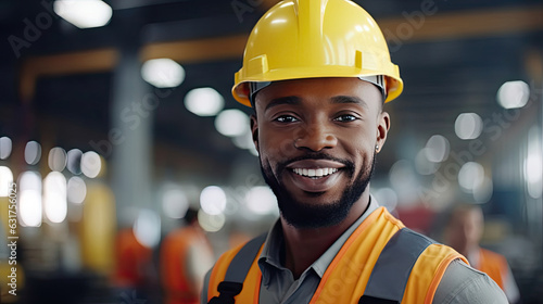 Portrait of Black People Male Engineer in Safety Vest and Hardhat. Professional Black People Man Working in the Modern Manufacturing Factory. Generative Ai © tong2530