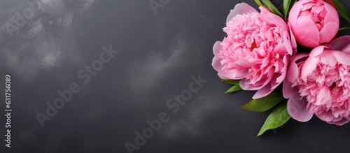 The top view of a pink peony blossom is shown on a concrete background. The peony flower is placed flat on a surface with space for copying. Peonies are also displayed on a grey background  and a