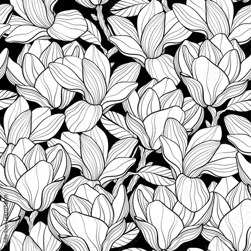 outline seamless pattern with Magnolia flowers