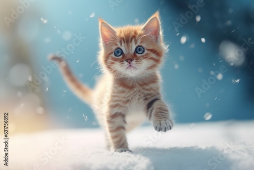 Kitten jumping winter view. Generate Ai