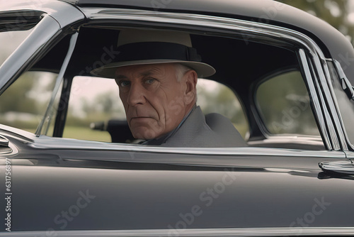 man in vintage car