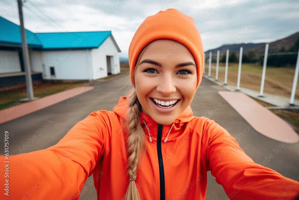 sporty woman taking a selfie outdoors while practicing