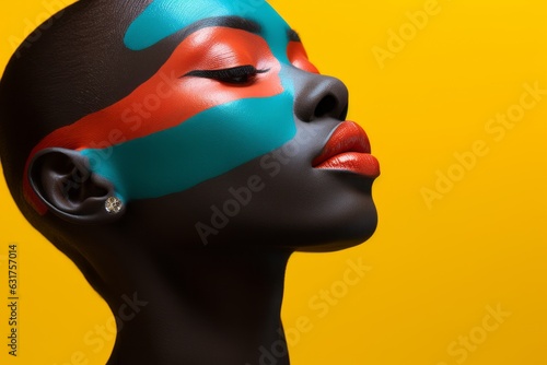 Makeup editorial aesthetic, mujer piel negra con maquillaje turquesa y naranja con labios rojos, makeup branding moderno y minimalista