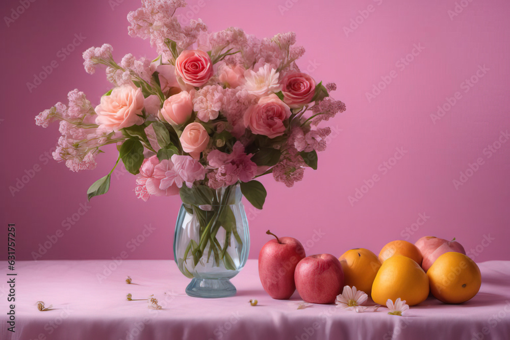 bouquet of pink peonies, a vase with roses and a vase of flowers. pink and white flowers.