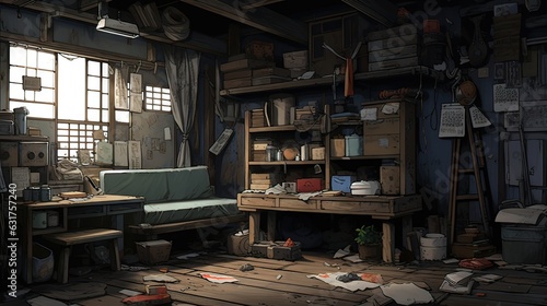 Interior of an old abandoned house. AI generated art illustration. © Fire