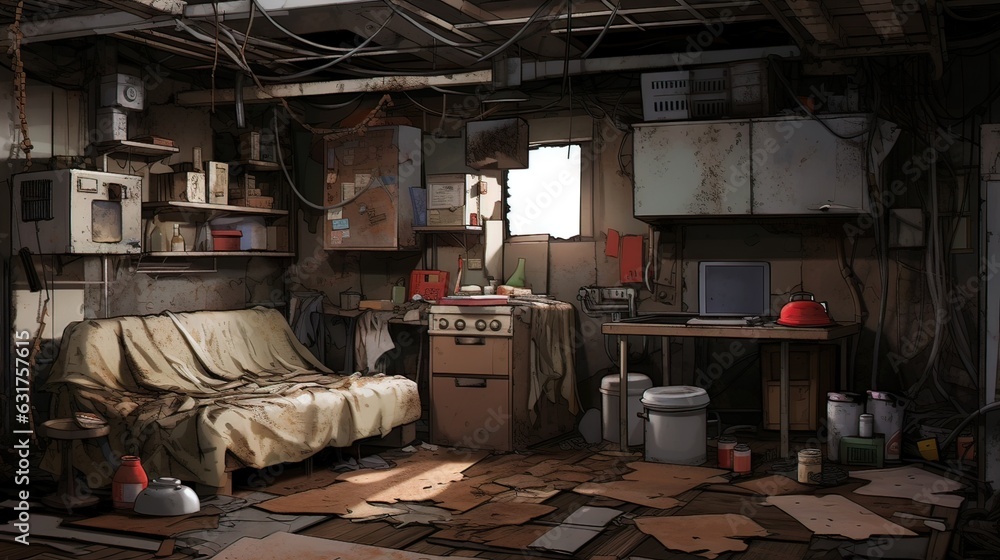 Interior of an old abandoned house. AI generated art illustration. Interior of an old abandoned house. AI generated art illustration.