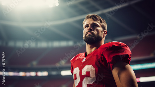 Portrait of confident american football player standing at stadium during game