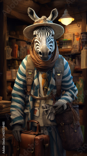an anthropomorphic zebra dressed as a travel guide. Travel and safari concept