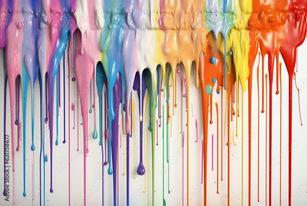 Background of colorful watercolor drips on white wall. generative ai