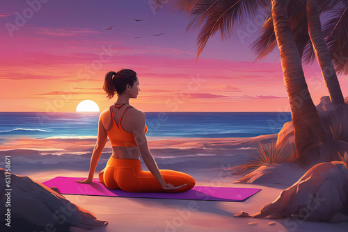 girl in yoga position at sunset. woman practicing yoga on beach. vector