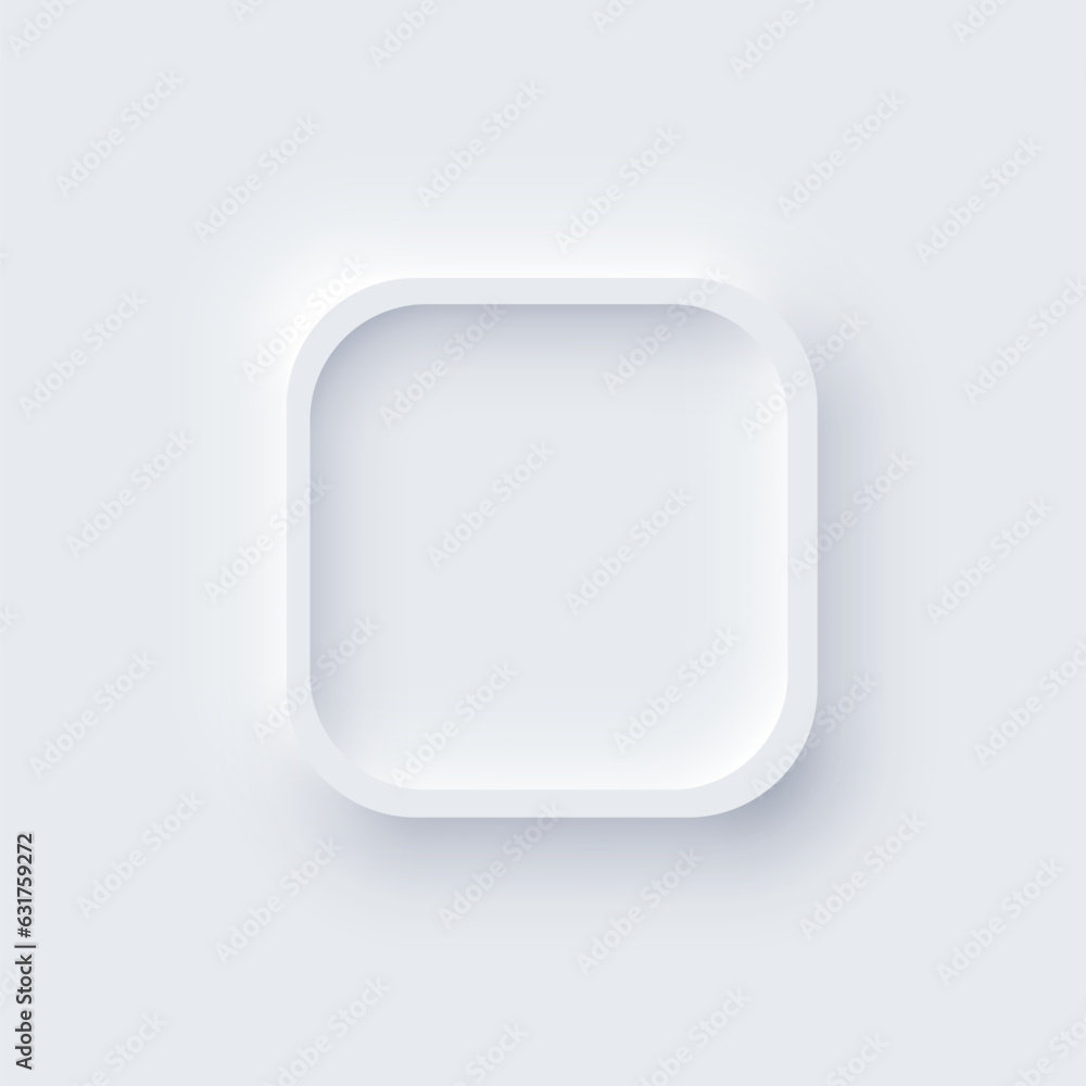 Neumorphism UI, square white button with shadow vector illustration. Abstract 3d skeuomorphic minimal soft button, digital design element of square shape, modern indicator Neumorphism UI, square white button with shadow vector illustration. Abstract 3d skeuomorphic minimal soft button, digital design element of square shape, modern indicator