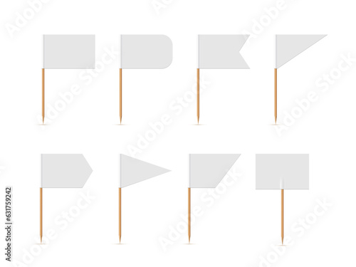 White small flags on toothpicks set vector illustration. 3D realistic blank flags of different shapes on wooden sticks, empty round triangular rectangle mini decorative pennants for food collection