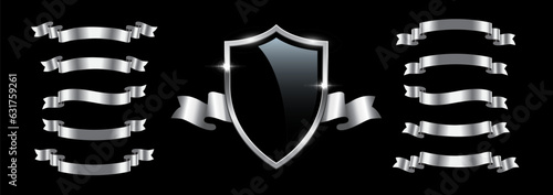Black glass shield with silver ribbons set of different shapes, 3d glossy insignia or prize