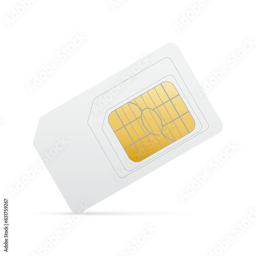 White sim card with gold chip for mobile phone. Vector gsm simcard 3d design isolated on white background