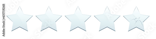3D glass stars set vector illustration. Realistic glossy broken and intact crystal stars templates with five points on white background, glassy figures with reflection, hole and crack texture