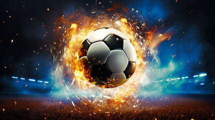 Soccer ball in fire with sparks on the field. Football advertising background