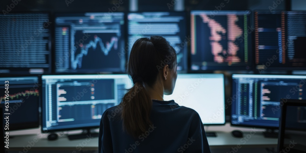 Mujer broker analizando datos en sus ordenadores, analista de datos profesional, gestión de cuentas del mercado de valores - obrazy, fototapety, plakaty 