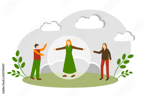 Personal space. Personal boundaries. The woman keeps other people at a distance. Vector illustration isolated on white background.