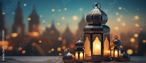 Ramadan with Arabic lantern and mosque background illustration. banner, decoration, copy space background