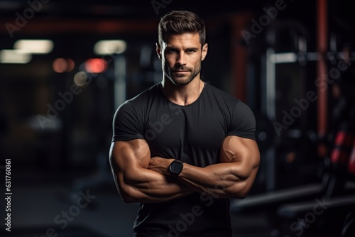 beautiful portrait of a serious young man posing in the gym