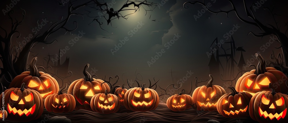 Halloween background with pumpkins decoration illustration. copy space, banner.