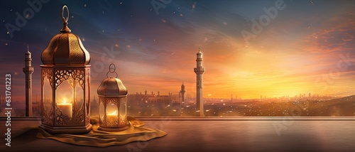 Ramadan with Arabic lantern and mosque background illustration. banner, decoration, copy space background