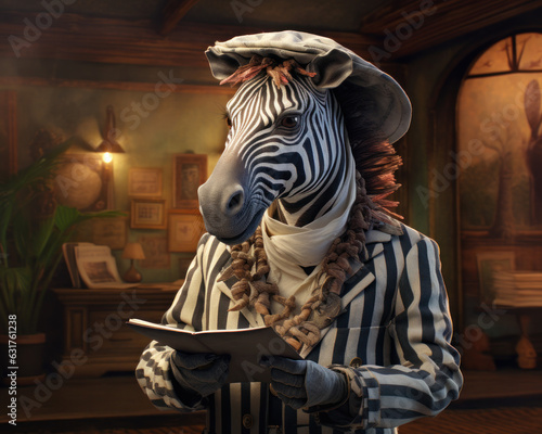 an anthropomorphic zebra dressed as a travel guide. Travel and safari concept