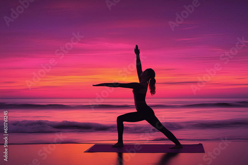 young woman practicing yoga on a beach in sunrise. beautiful woman doing yoga pose at sunrise