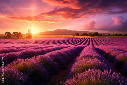 Stunning landscape with lavender field at sunset. Nature Background