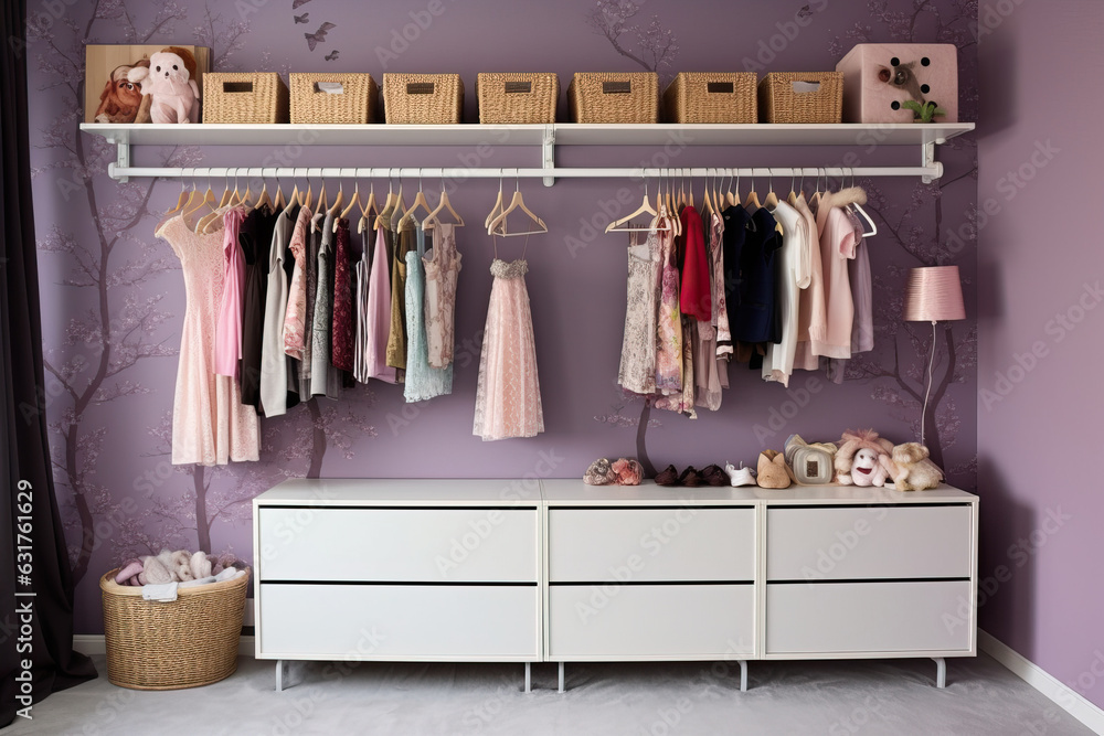 Charming lilac dressing room for girl. design with hangers, bedside tables, and baskets