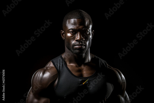 Black man studio portrait, fitness, strength, and power, dark light photography