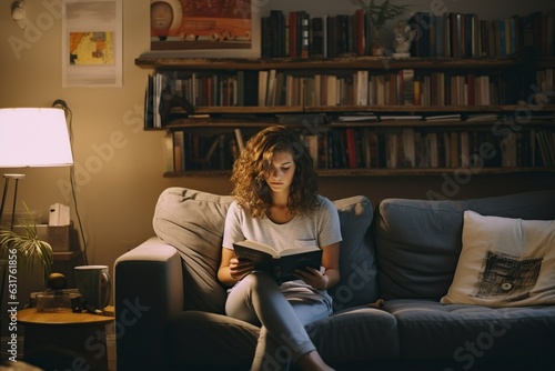 female caucasian teenager reading book in living room