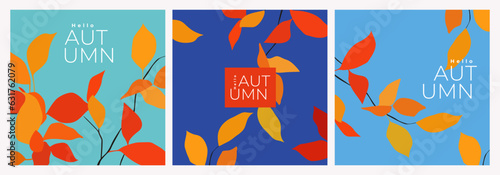 Trendy minimal autumn set of banner, card, poster or cover with bright and beautiful autumn leaves on blu sky background. Contemporary art style. Fall template for advertising, web, social media