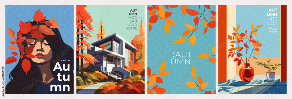Obraz premium Modern design set of Fall poster, cover, card with portrait of beautiful girl with autumn leaves in her hair, landscape with modern house, autumn plant in the pot. Template for advertising, web, print