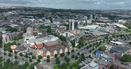 Editorial Swansea, UK - August 04, 2023: Drone view of the main commercial centre of Swansea City in South Wales UK taking in the Townhill and Mayhill areas
 photo