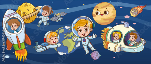 Conquest of space. Space elements. Planet earth, sun and galaxy, spaceship and star, moon and small kids astronaut, vector illustration.