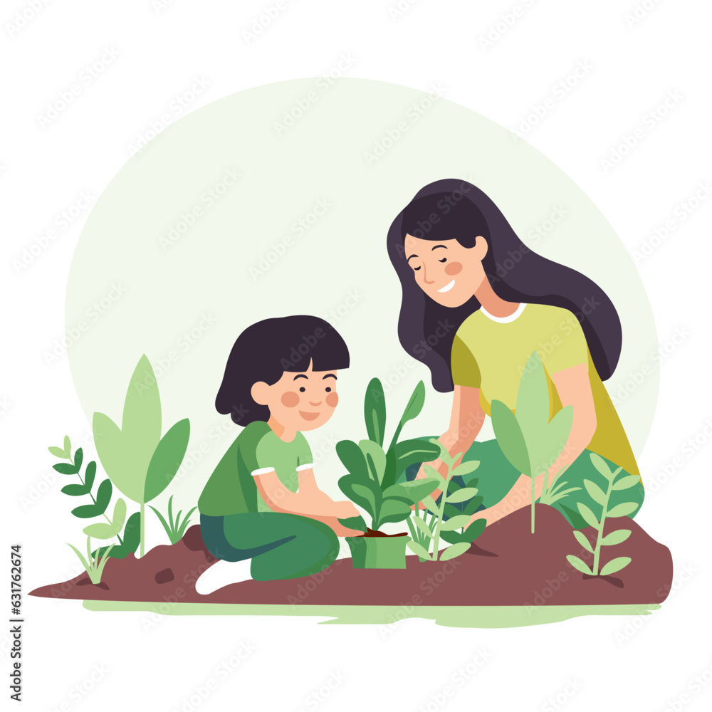 Family, mother and daughter work in the garden. Together they plant a seedling from a pot. A woman teaches a girl to plant plants. The concept of teaching respect for nature. Flat design, isolated pos Family, mother and daughter work in the garden. Together they plant a seedling from a pot. A woman teaches a girl to plant plants. The concept of teaching respect for nature. Flat design, isolated pos