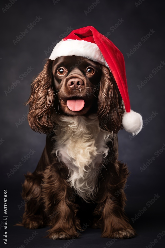 Sesión de fotos con un divertido perro negro con gorro de papa noel para celebrar navidad 