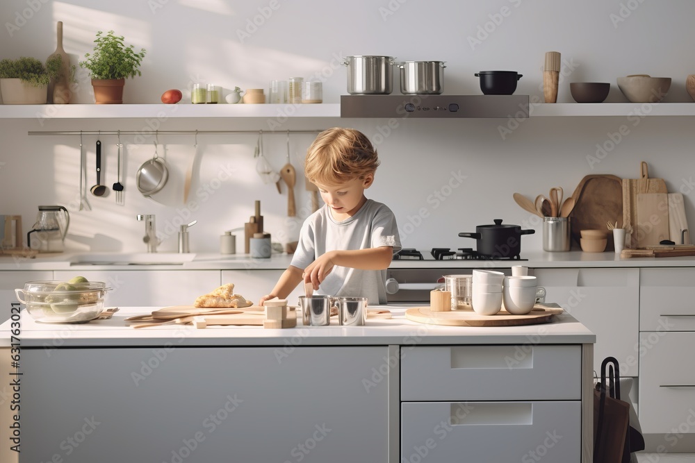 A diligent child cooking food or baking alone and independently, looking happy and content in a beautiful magical kitchen A diligent child cooking food or baking alone and independently, looking happy and content in a beautiful magical kitchen