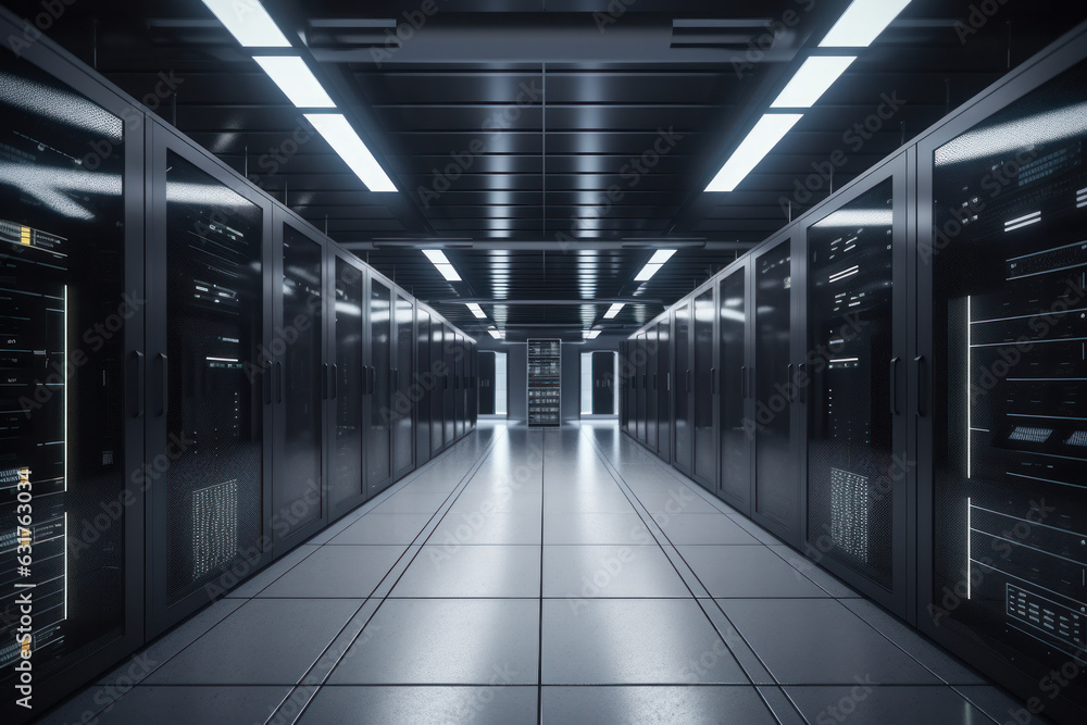 High-tech data center with rows of server racks stretching down a long hallway, ready for efficient data processing and communication, AI Generative. High-tech data center with rows of server racks stretching down a long hallway, ready for efficient data processing and communication, AI Generative.