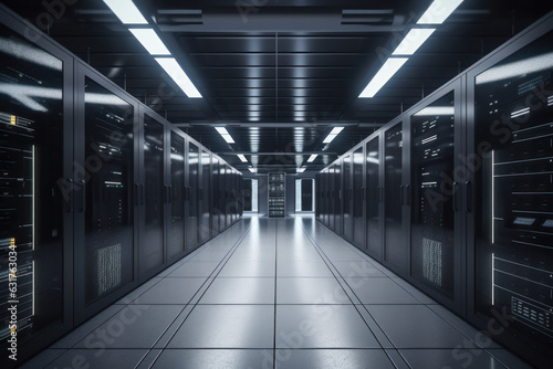 High-tech data center with rows of server racks stretching down a long hallway, ready for efficient data processing and communication, AI Generative.