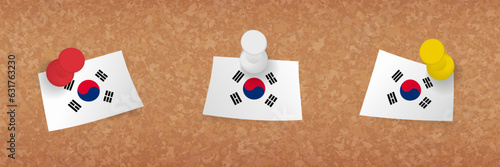 South Korea flag pinned in cork board, three versions of South Korea flag.