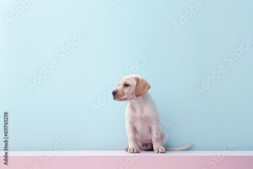 retrato minimalista cachorro de perro con fondo neutro, perro esperando con fondo azul y rosa, invitación fiesta de cumpleaños con mascotas  photo