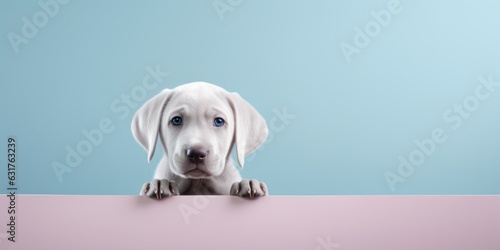 retrato cachorro de perro gris apareciendo por encima de una pared, invitación para fiesta de mascotas, perro con cara adorable 