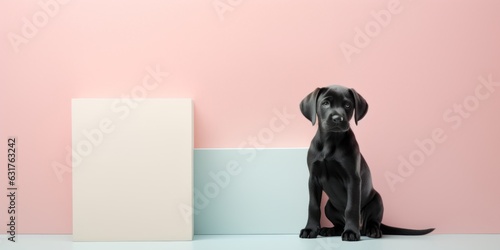retrato minimalista aesthetic de cachorro de perro labrador, perro pequeño con espacio para texto, invitación cumpleaños mascota  photo